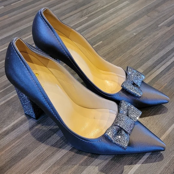 Kate Spade Leena Satin Glitter Bow Block Heel Pumps, Sz 9 - Picture 1 of 5